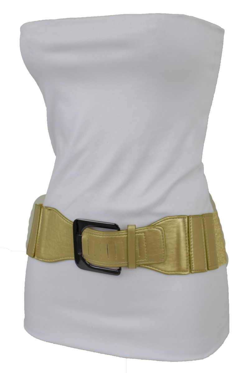 Women Gold Faux Leather Elastic Hip High Waist Square Buckle