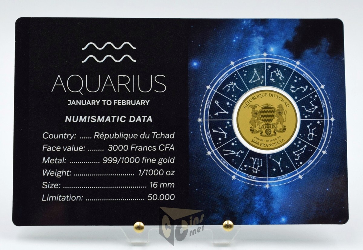 Aquarius Zodiac Sign Coin Card 1/1000 Oz 999 Gold Coin 3000 Francs