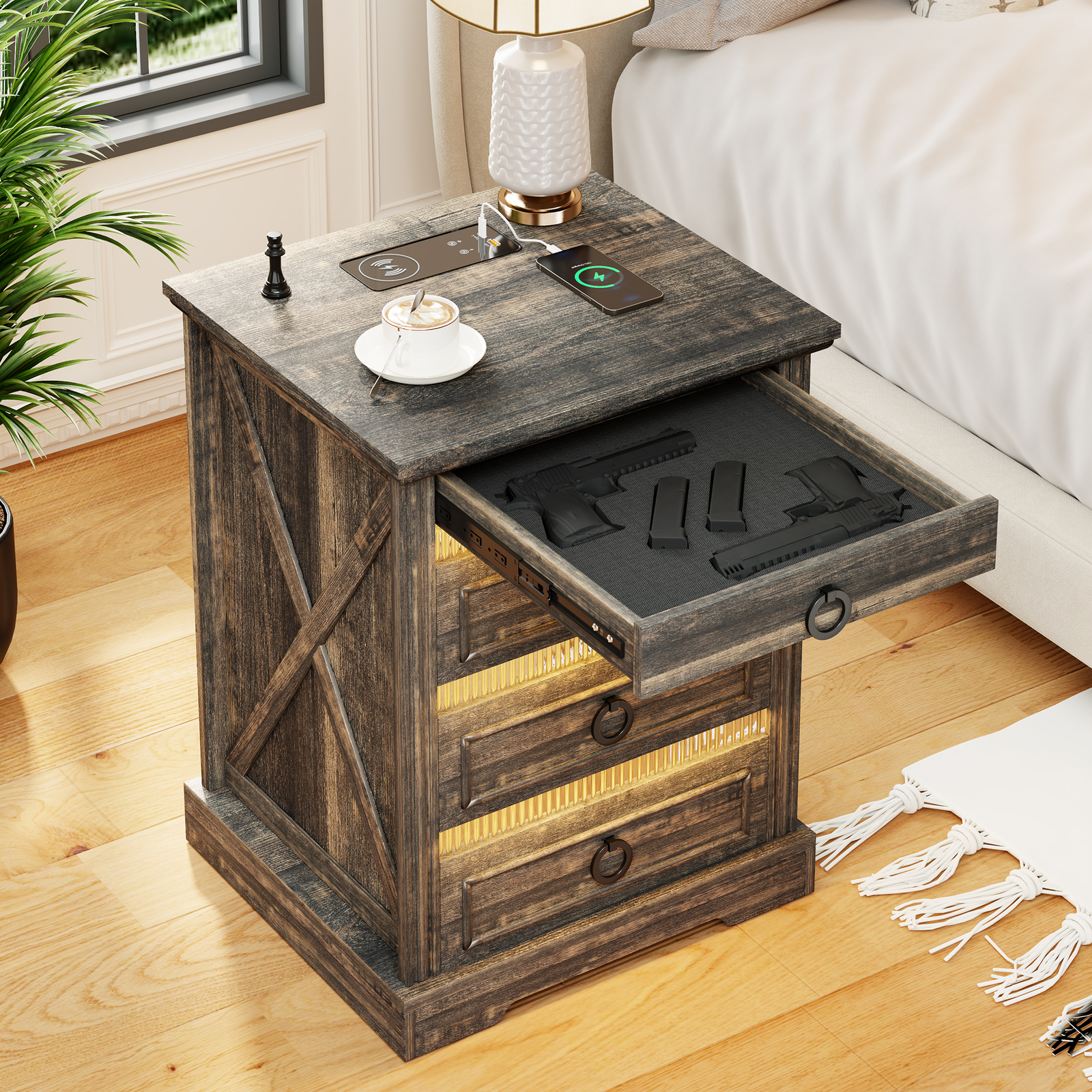 Night Stand with Gun Drawer and Charging Station, Bedside Table with LED Light