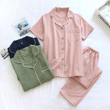 Lady Men 100 Cotton Soft Japanese Plaid Robe Pants Set Pajamas Sleepwear Suit