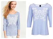Designer @ Heine Size 18 Blue Stripe Embossed Floral Lace Print 3/4 Sleeve TOP 