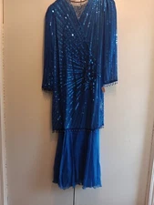 VTG 1980's Oleg Cassini 2 Piece Evening Dress Beaded Sequin Silk Blue Sz 16 ~NOS