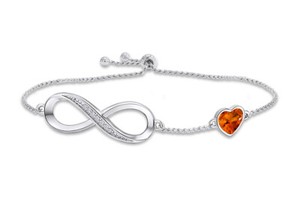 Authentic Simulated Diamond Citrine Heart Symbol Charm Bracelet in 14K Gold Plated Silver