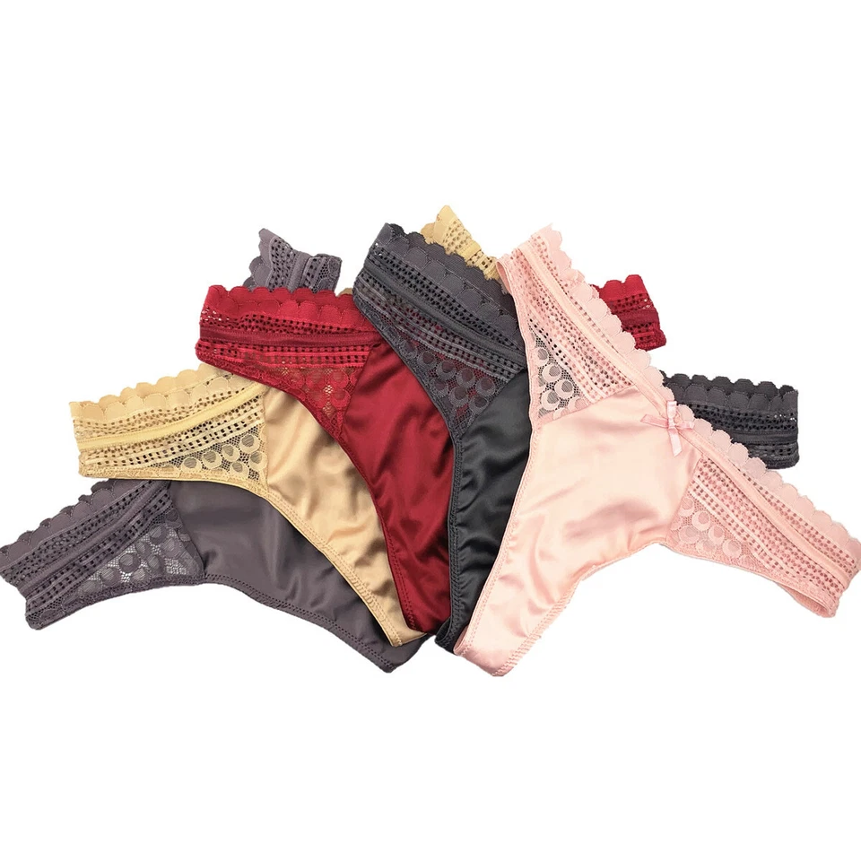 5 Pcs Women's Sexy Satin Thongs Panties Lace Trim G-string V-back Underwear,S-XL - Image 2 of 4