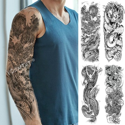 Large Arm Sleeve Tattoo Mountain Castle Dragon Waterproof Temporary Sticker Ebay