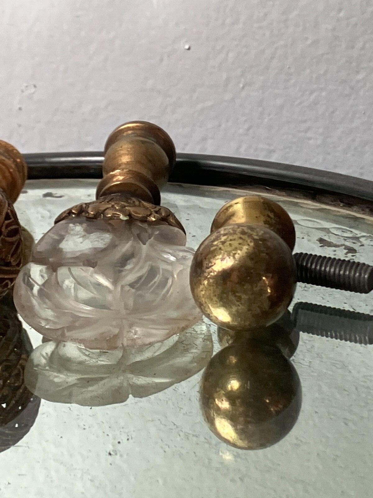Lot of 5 Vintage Lamp Finials Filigree, Wood, Brass, Cut Glass