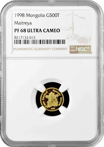 Mongolia 500 togrok 1998, NGC PF68 UC, "Buddhist Deity Maitreya" gold coin