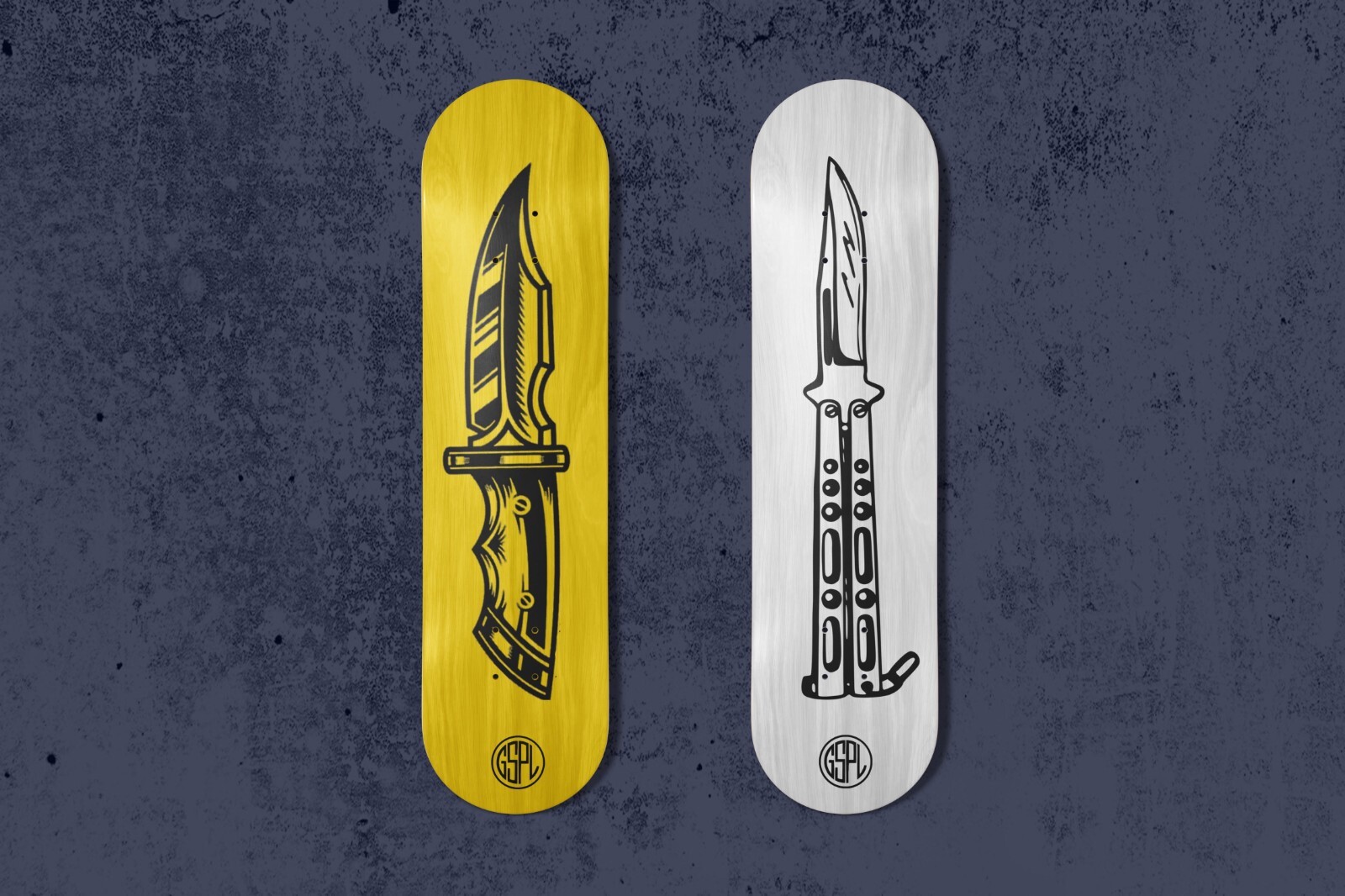 skateboard decks 8.0 mellow concave, yellow with hunting knife graphic
