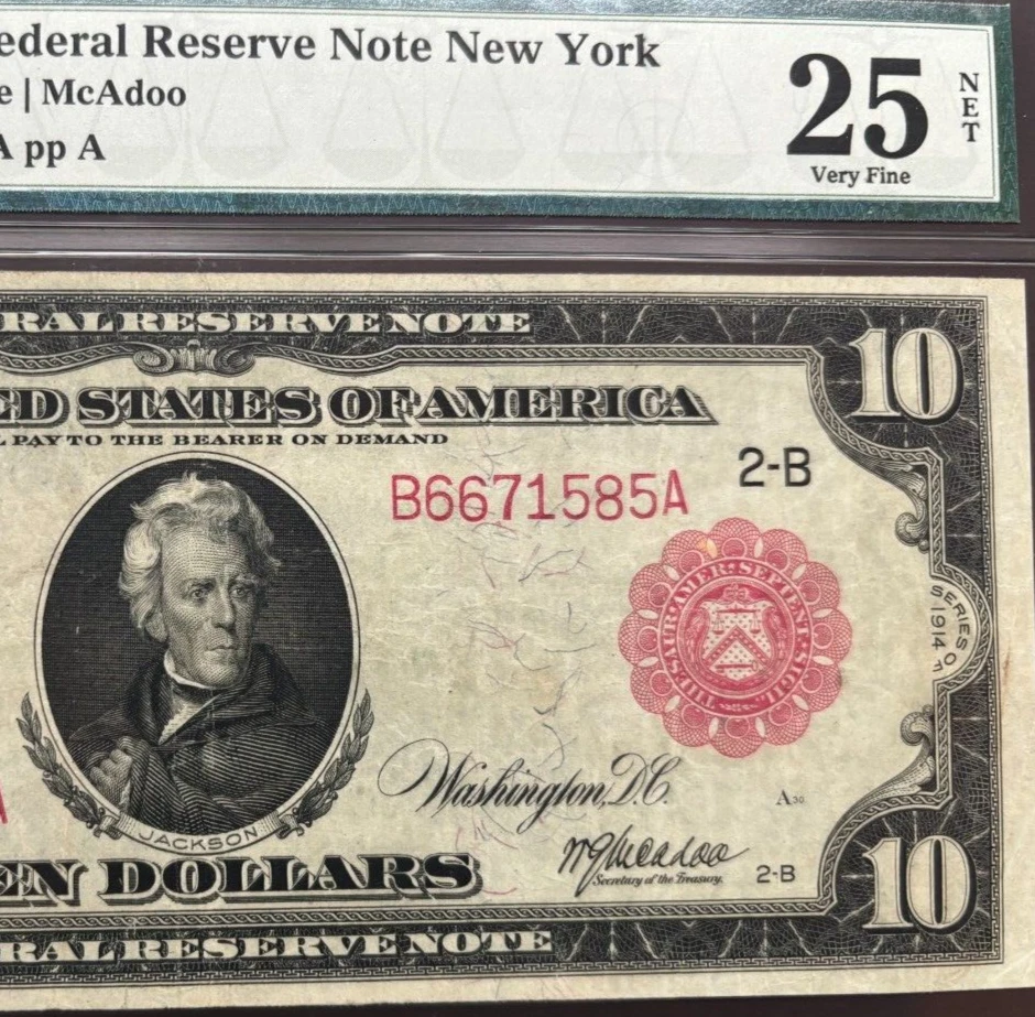 US 1914 $10 FRN New York District Red Seal FR 893b PMG 25 VF - Sharp & Colorful - Image 2 of 4