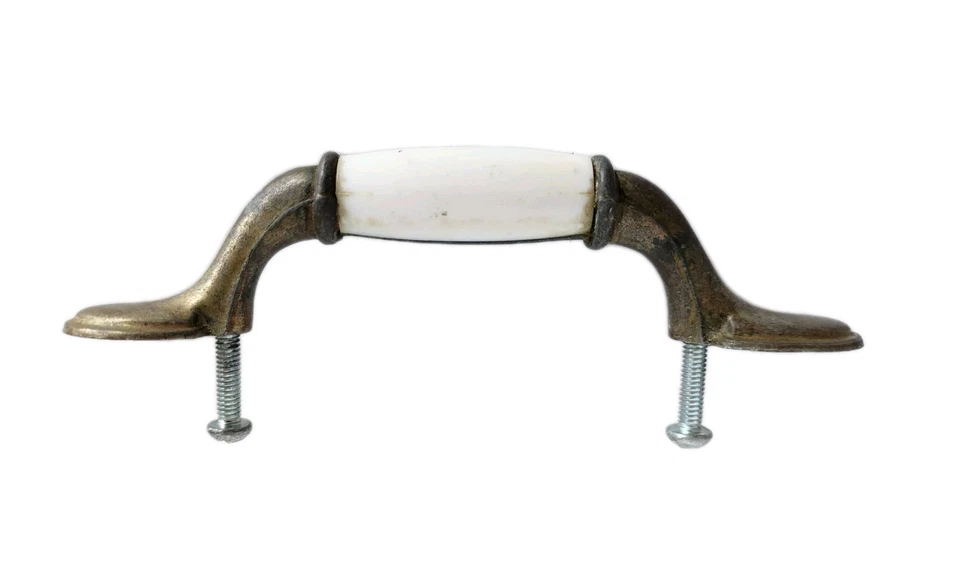 Vintage Brass & White Ceramic Drawer Pulls 3" Center Cabinet Handles Lot of 10 - Image 4 of 4