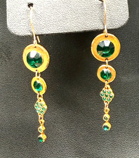 Vintage Gold Tone Emerald Green Crystal Dangle Earrings 2"