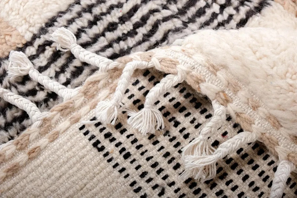 Handmade Striped Moroccan Rug: Cream Beige & Black Wool, Custom Size 12x15 - Image 4 of 4