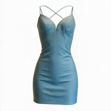 Homecoming Blue Rhinestone Solid Bodycon Mini Dress  Lace-Up Spaghetti Strap