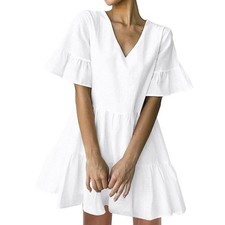 FANCYINN White Linen Blend Tiered Dress | Pockets | Lined | Size S