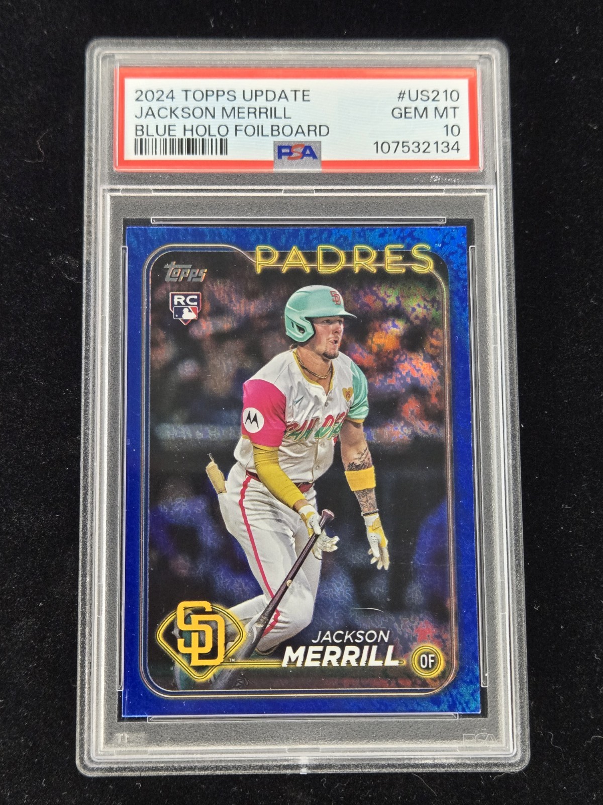 2024 Topps Update #US210 Jackson Merrill Blue Holo Foilboard /999 Rookie PSA 10