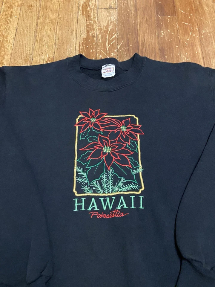 VTG 90s Black Embroidered Floral Hawaii Center Logo Crewneck Sweatshirt Medium - Image 3 of 4