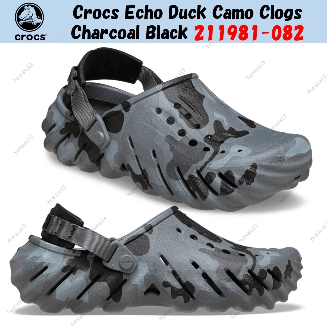 Crocs Echo Duck Camo Clogs Charcoal Black 211981-082 Unisex Size