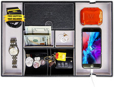 Valet Tray with Charging Station - PU Leather Nightstand Organizer for Men and W