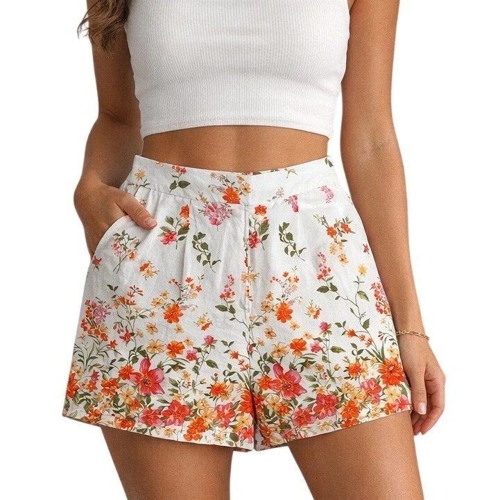 NWT Skies Are Blue Floral Linen Blend White Shorts Large Colorful High Waisted