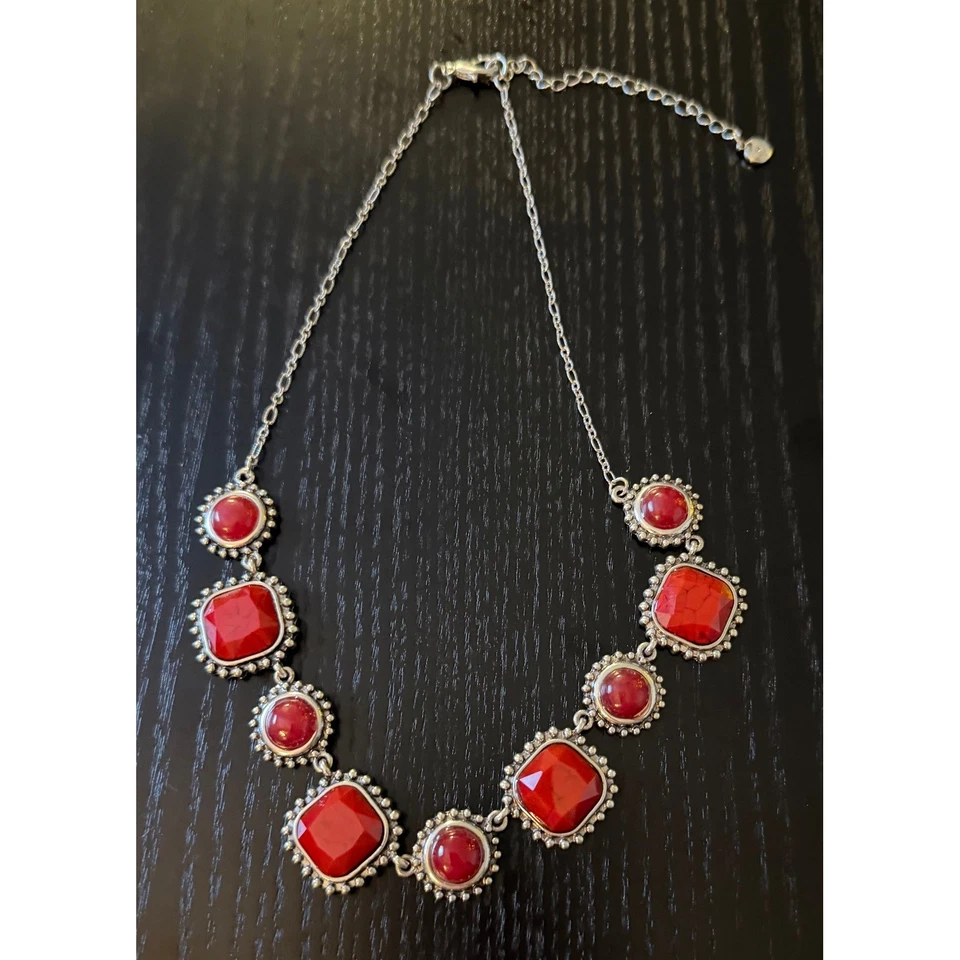 Женщин красный заявление ожерелье серебристого тона бисером регулируемая цепочка богемное шик - Изображение 3 из 4