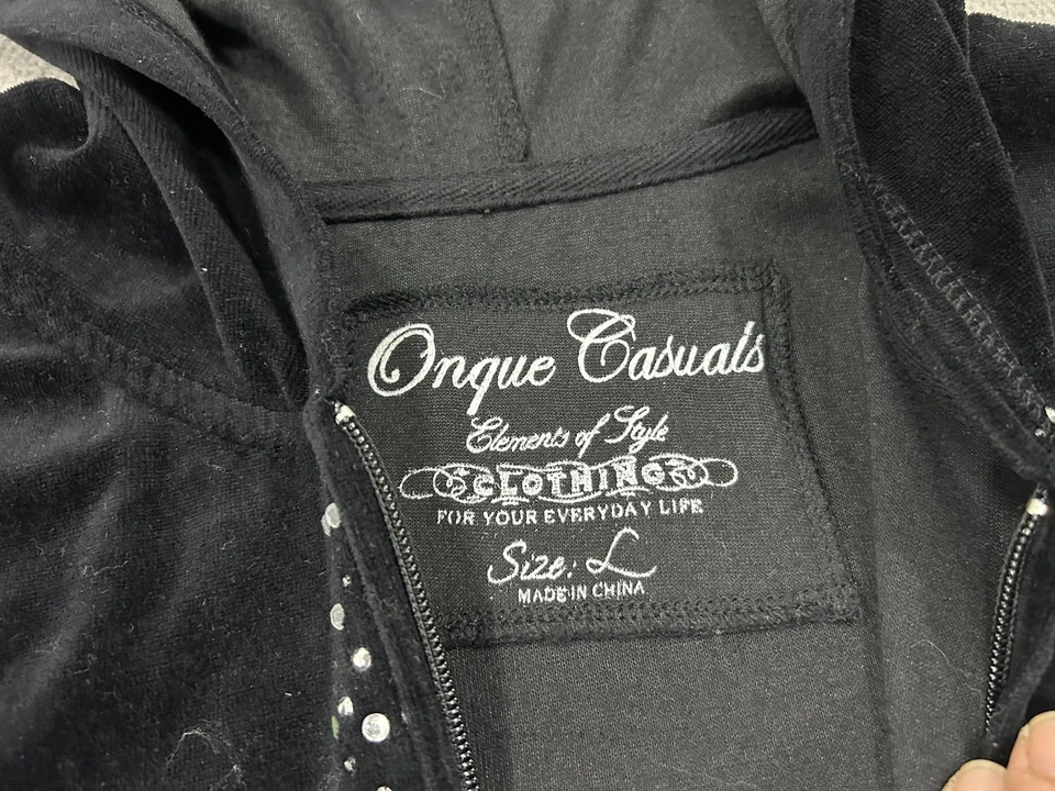 Women’s Black Velour Rhinestone Zip Hoodie Jacket Large Y2K Goth Emo Soft Grunge - Image 4 of 4