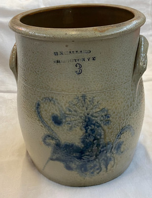 H.N. BALLARD Burlington VT 3 Gallon Antique Cobalt Decorated Stoneware Crock