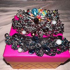 Set of 3 Silver Tone Metal Floral Rhinestone Faux Pearl Barrettes, Multicolor