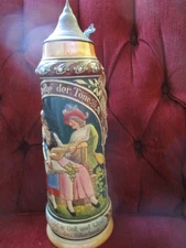 German Stoneware Beer Stein With Pewter Lid - Tall - 16" With Lid - Beautiful