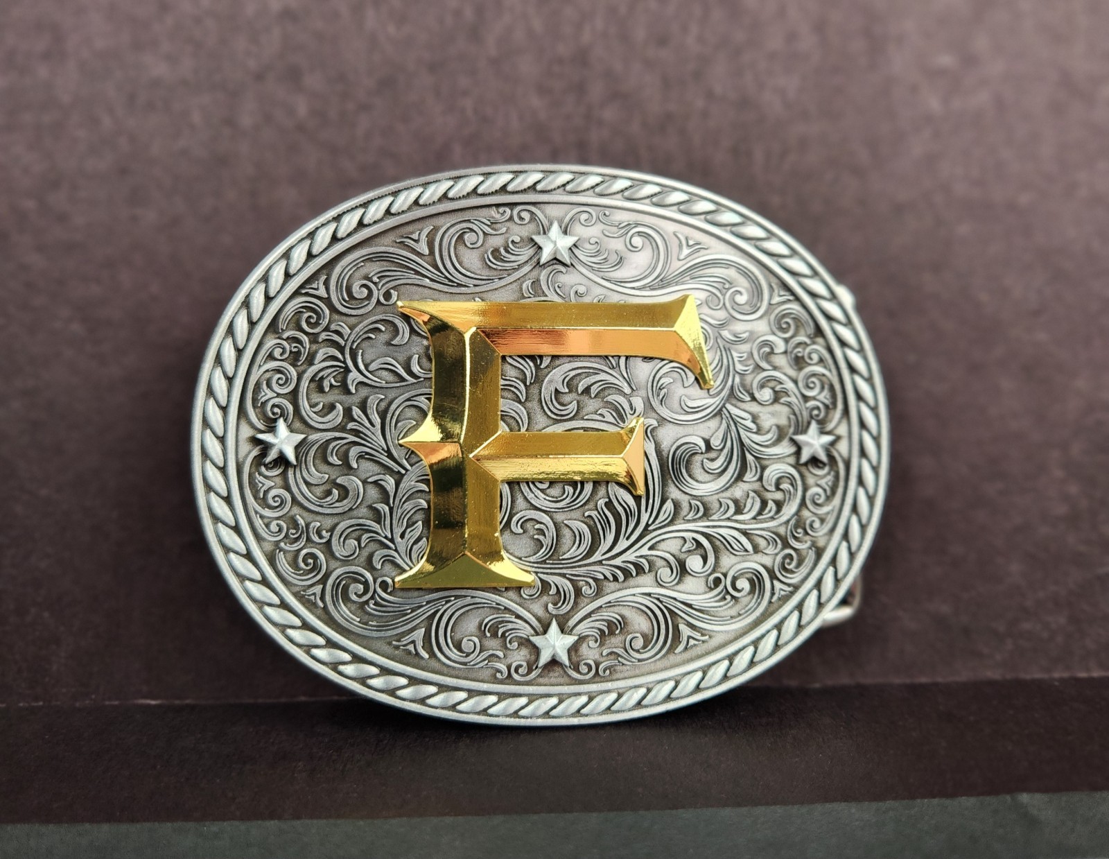 Western Belt Buckle Initial Letter F Two Tone Pewter And Gold Oval