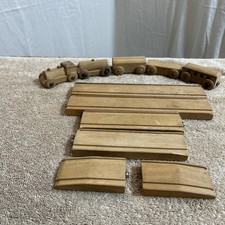 Vintage Wooden Snap Together Train Track 11 Pieces 6 Trk 1 Eng 4 Cars