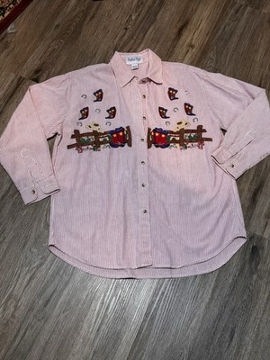 Radical Rags Western Embroidered Striped Button-Up Shirt Red White Cotton Size L