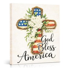 God Bless America Patriotic Wall Art Decor, American Flag Cross Painting Deco...