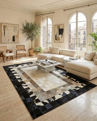 Luxury Modern Cowhide Leather Area Rug Patchwork Carpet for Living Room