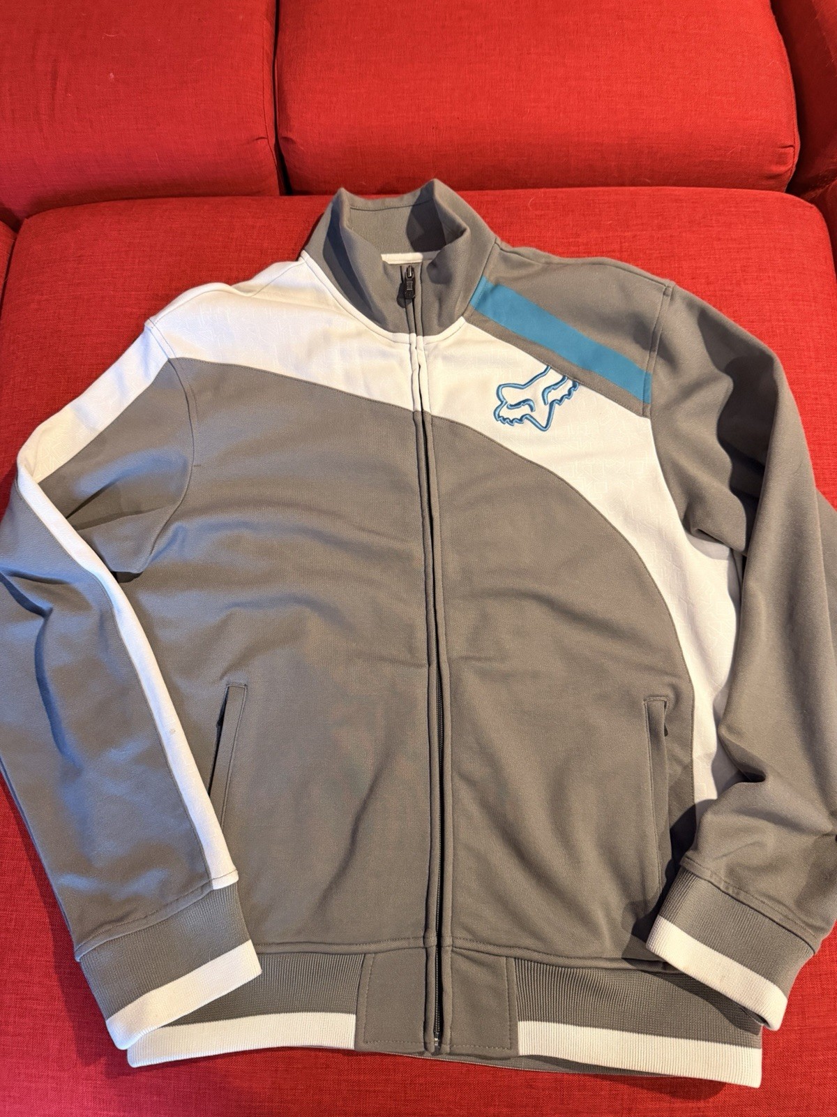 Fox Men's Track Jacket Gray White Blue Full Zip Embroidered Logo Size M