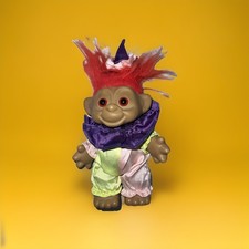 9  Clown Troll Doll Orange hair green and pink costume with purple ruffles