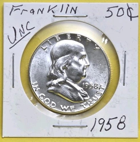 1958 UNC Franklin Half Dollar, Uncleaned 90% Silver 50c US Mint Coin, Encased