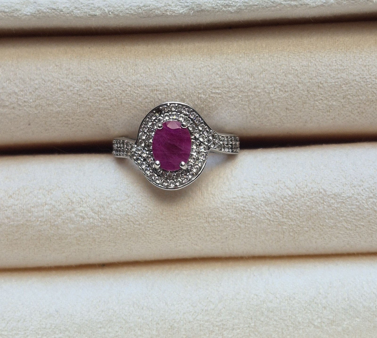Genuine Ruby 925 Sterling Silver Ring With Glass … - image 1