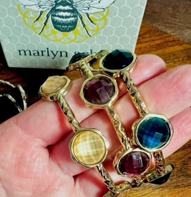 Vintage Marlyn Schiff Goldtone Faceted Glass Gemstone Bangle Bracelet Set of 3