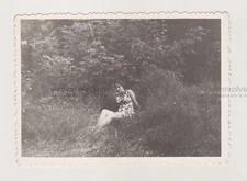 Pretty Cute Young Woman is Lying in the Grass Female Nice Vintage Snapshot Photo