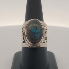 925 Sterling Silver Oval Labradorite Cabochon Statement Open Scroll Ring