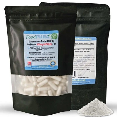 FOOD PURA 90 x 600mg CLEAN Food Grade Diatomaceous Earth Capsules Human DE Supplement