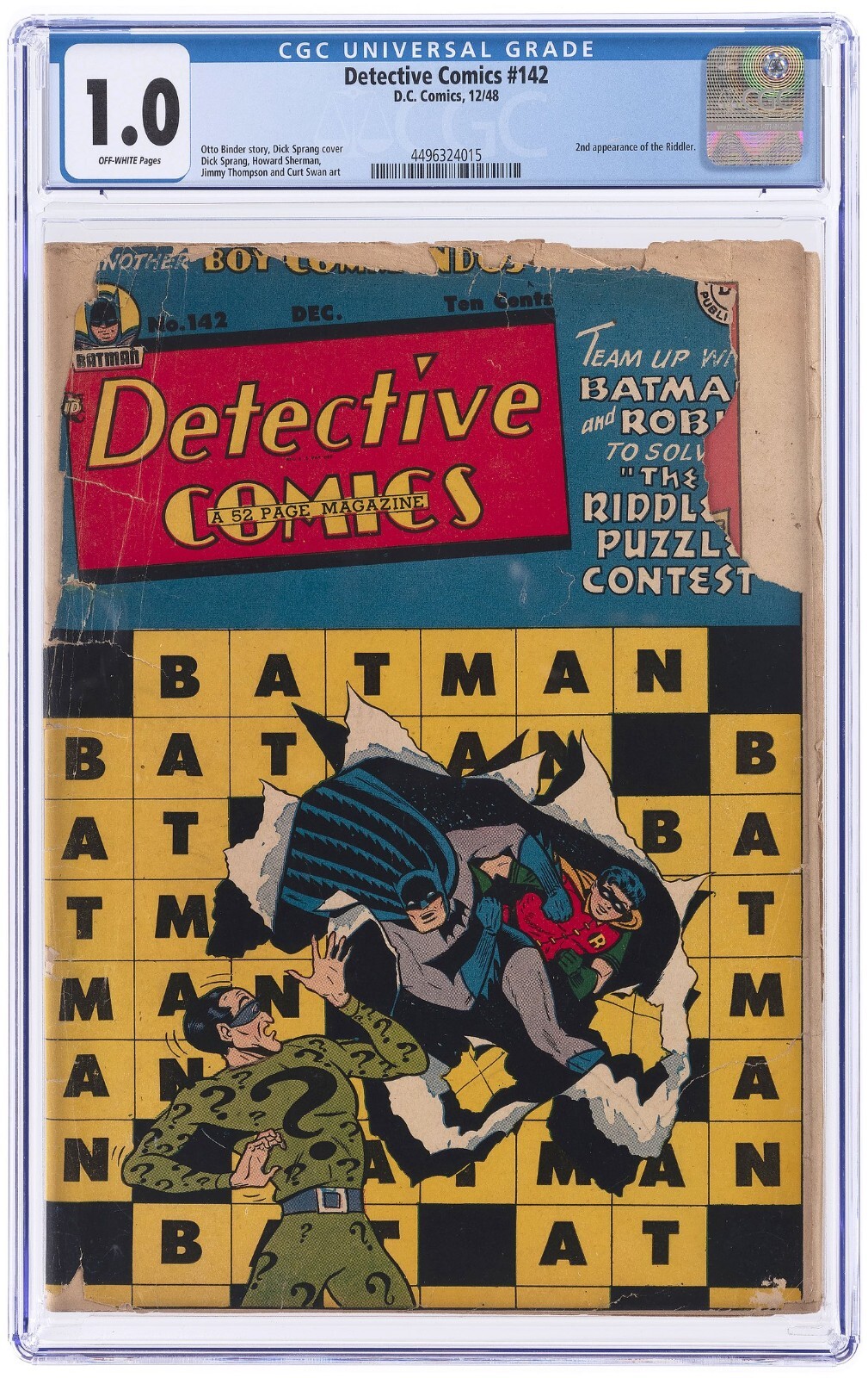 1948 D.C. Comics Detective Comics 142 CGC 1.0. 2nd Riddler Appearance. Batman