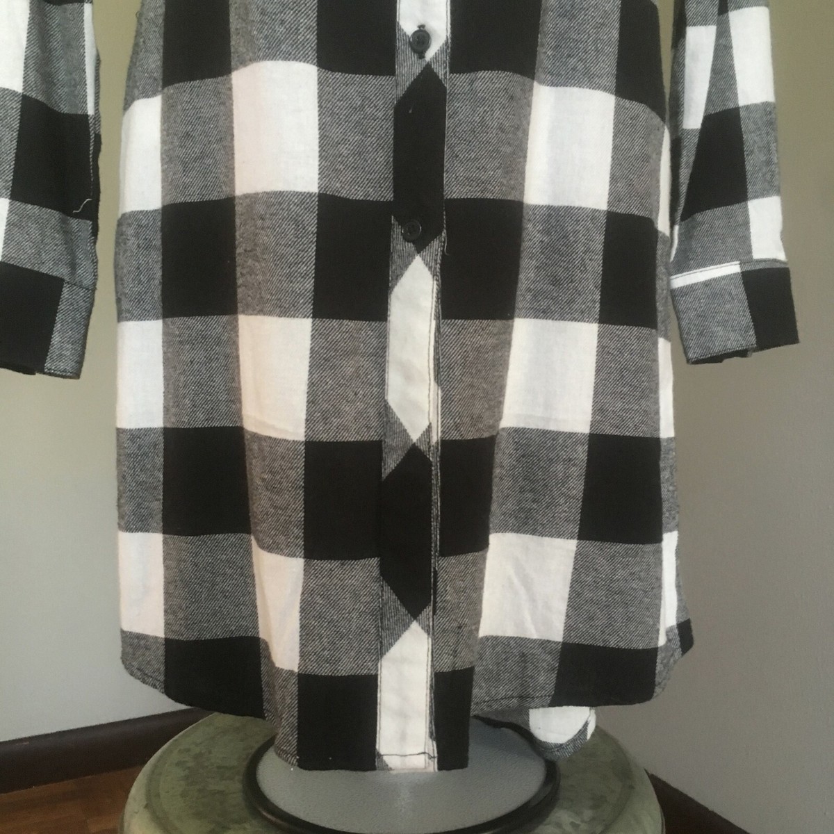 Ambiance Buffalo Plaid Shirt Dress. S. Black and White. Buttoned
