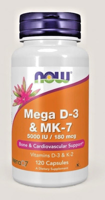 Now Foods Mega D3 & MK-7, 5000 IU/180 mcg. 120 Capsules, Exp 10/2027.