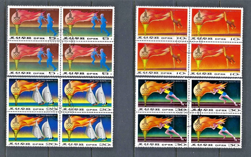 KOREA 1972 #1815-1819 CTO blocks of 4 Moscow Olympics/FD Cancellation