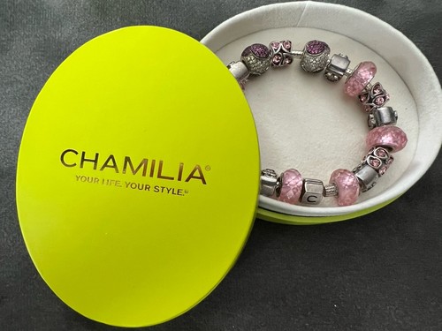 Chamilia Disney 925 Sterling Silver Charm Bracelet Pink 19 Charms Box Retired