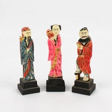 3 Vtg Hand Carved Chinese Stone Figures Mounted On Wood Backs With Wood Bases
