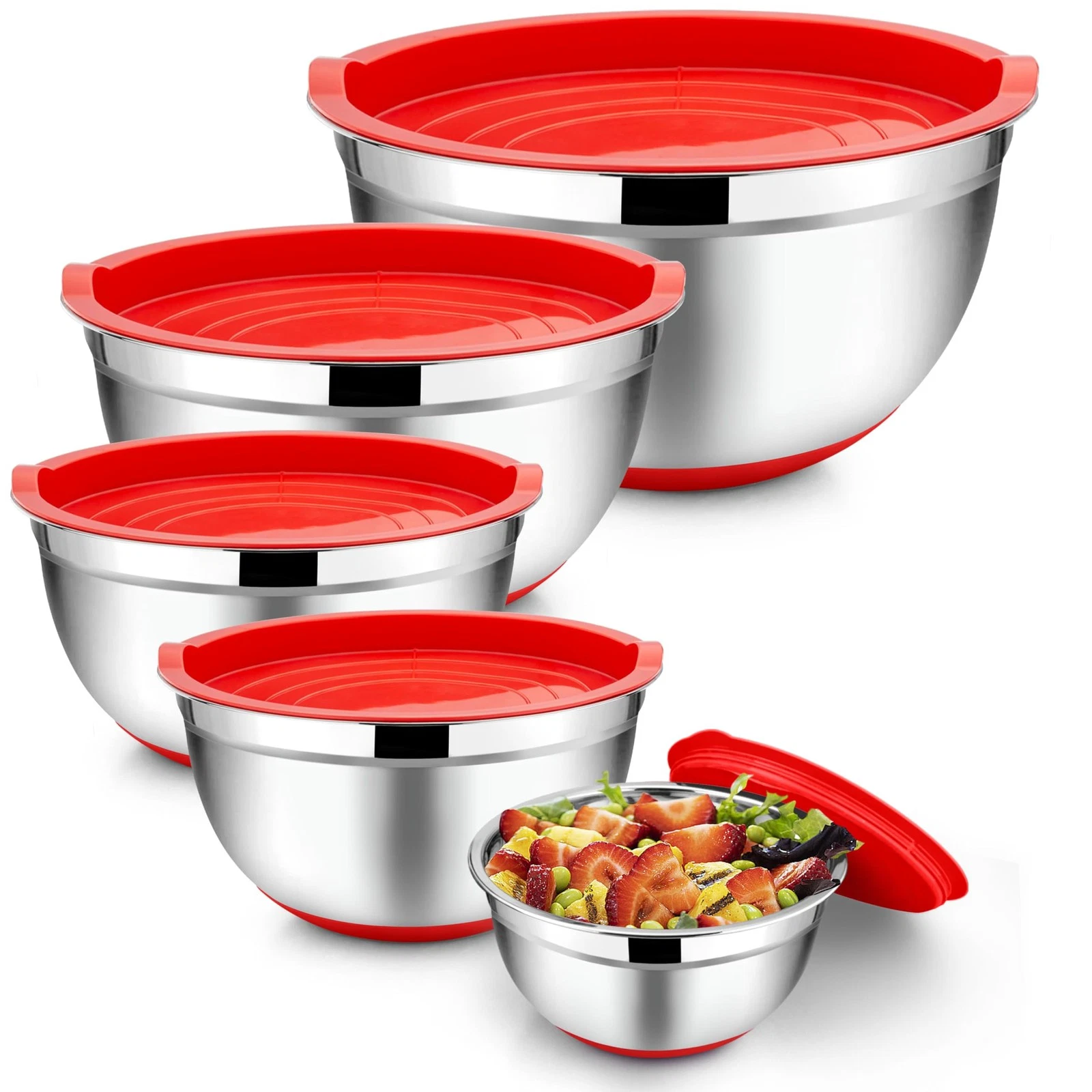 Mixing Bowls with Lids Set, 7/3.5/2.5/1.5/1 QT, Stainless Steel Large Red Nes...