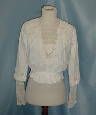 Antique Dress Blouse Victorian 1890 White Cotton w/ Val Lace  Irish Lace Trims
