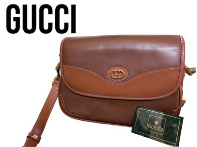 GUCCI GG Logo Leather Crossbody Bag Brown Women Auth 6.29 x 9.05 x 3.14inch